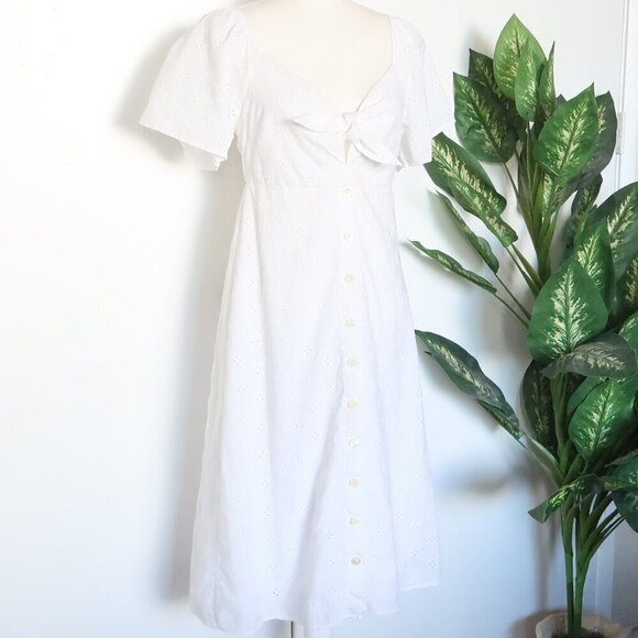 Madewell White Cotton Eyelet Embroidery Tie Front Keyhole A-line Midi Dress 2 - Picture 7 of 15